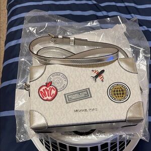 Michael Kors White and Silver Crossbody Bag with Patches